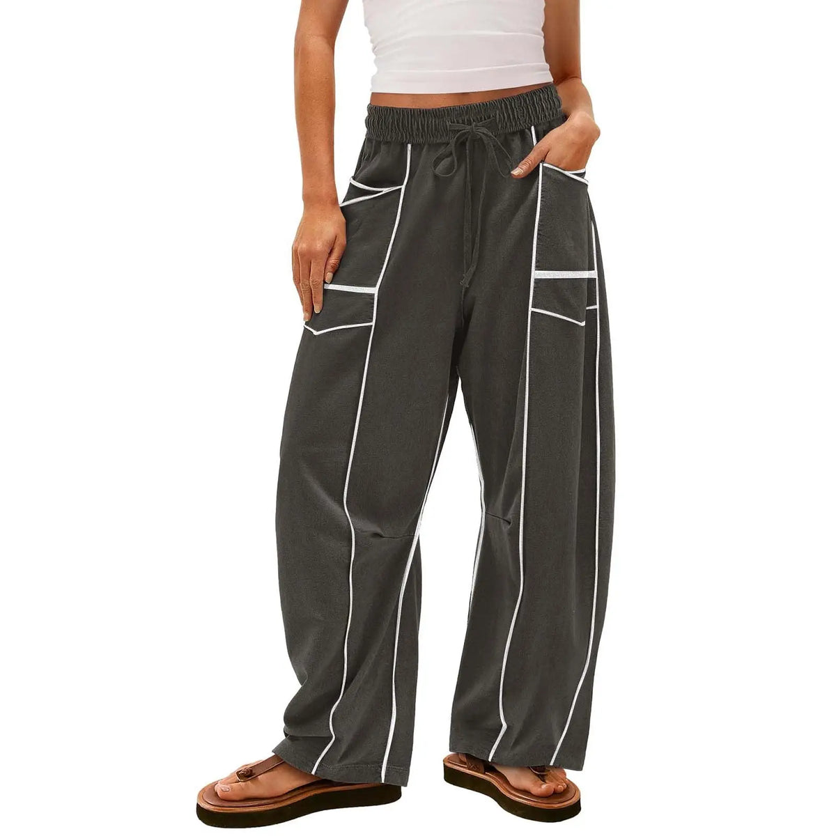 Y2K Black Striped Wide-leg Pants With Pockets Fashion Loose Drawstring Trousers Sports Sweatpants Women's Clothing hercurva