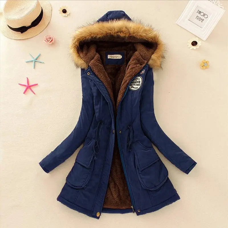 Long Women's Cotton-Padded Jacket With Wool Collar hercurva