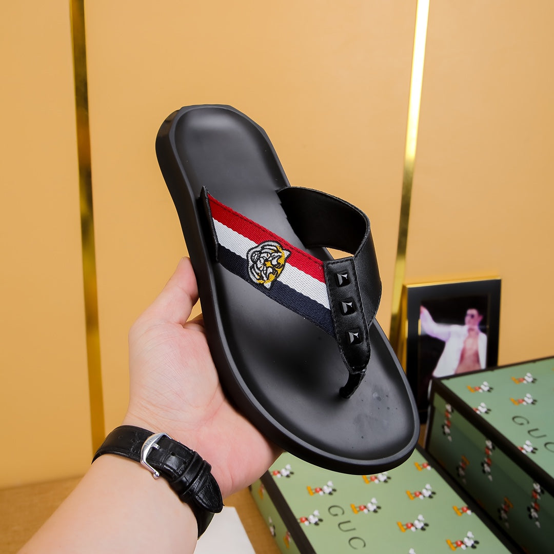 GG Men's Thong Sandals Black Cowhide 587228