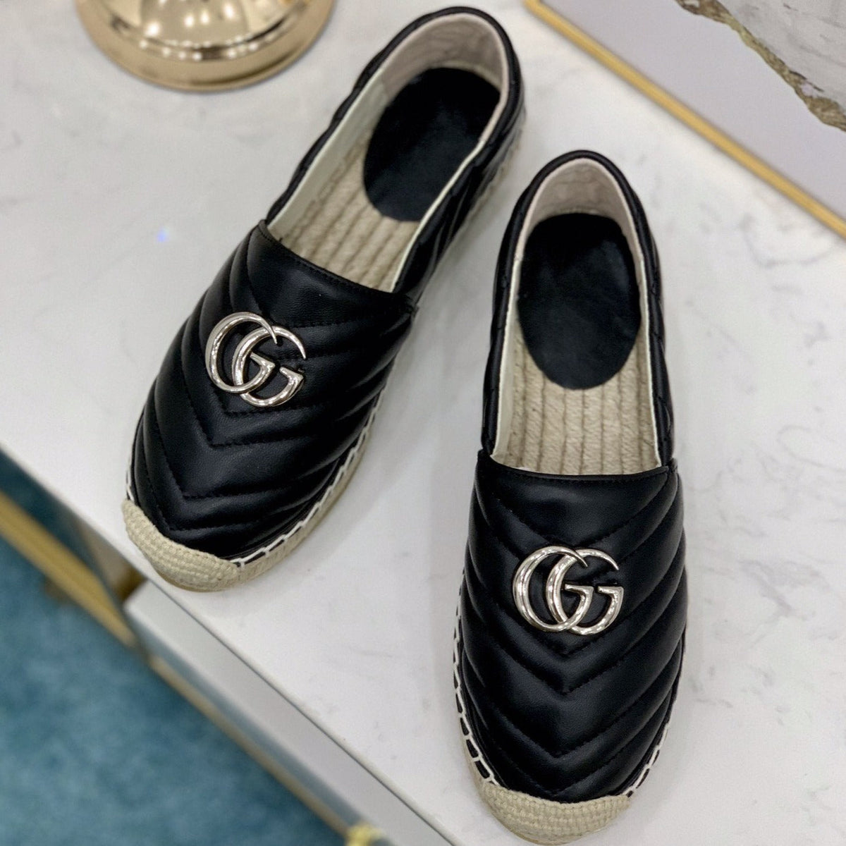 gg espadrilles black calfskin silver gg