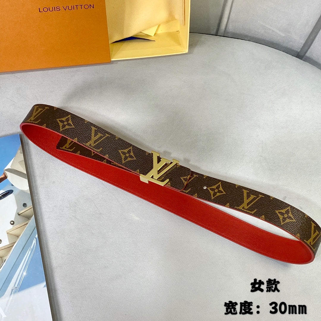 LV INITIALES 30 MM REVERSIBLE BELT IN BROWN MONOGRAM AND CHERRY RED CALFSKIN GOLD HARDWARE