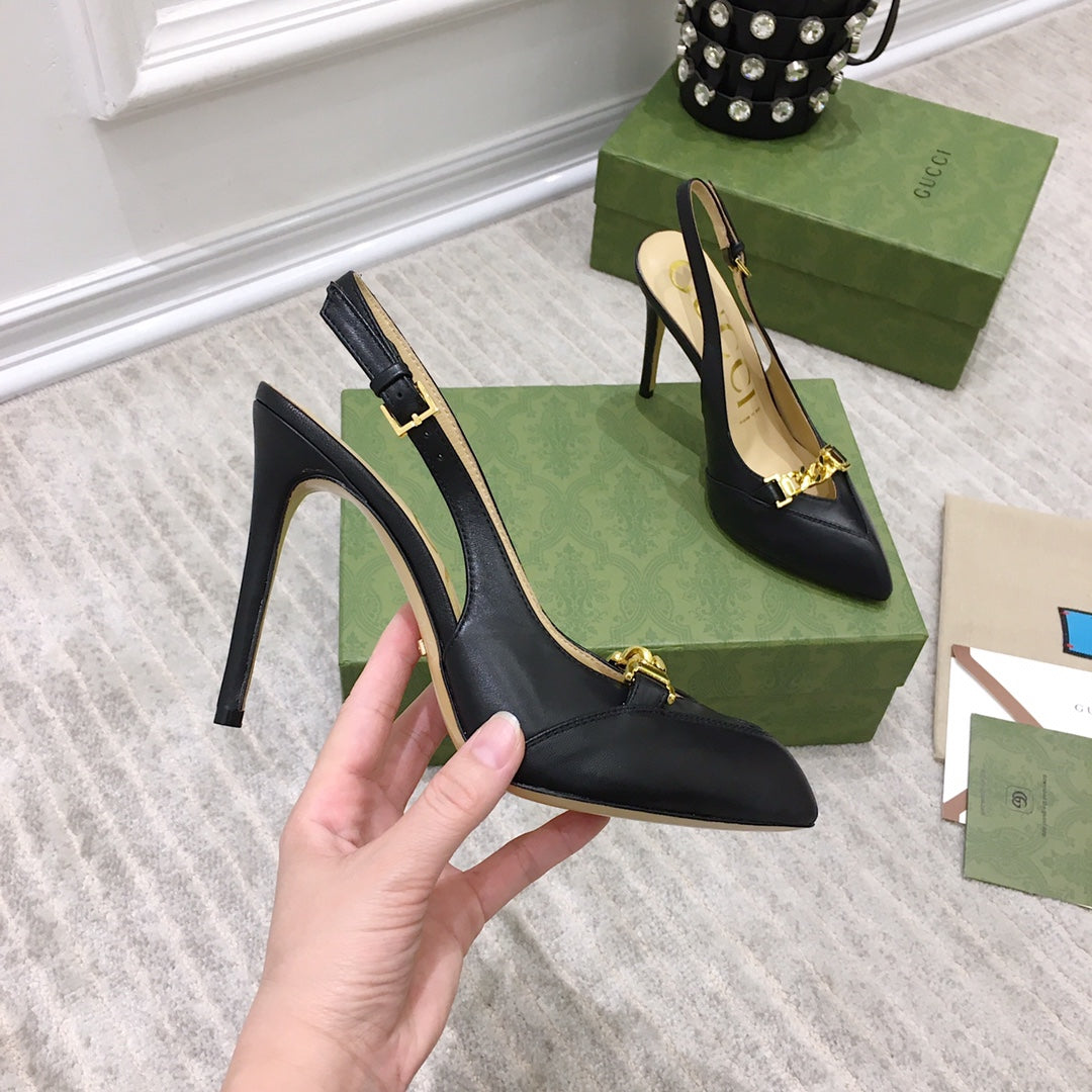 GG HIGH HEEL SLINGBACK BLACK CALFSKIN WITH CHAIN