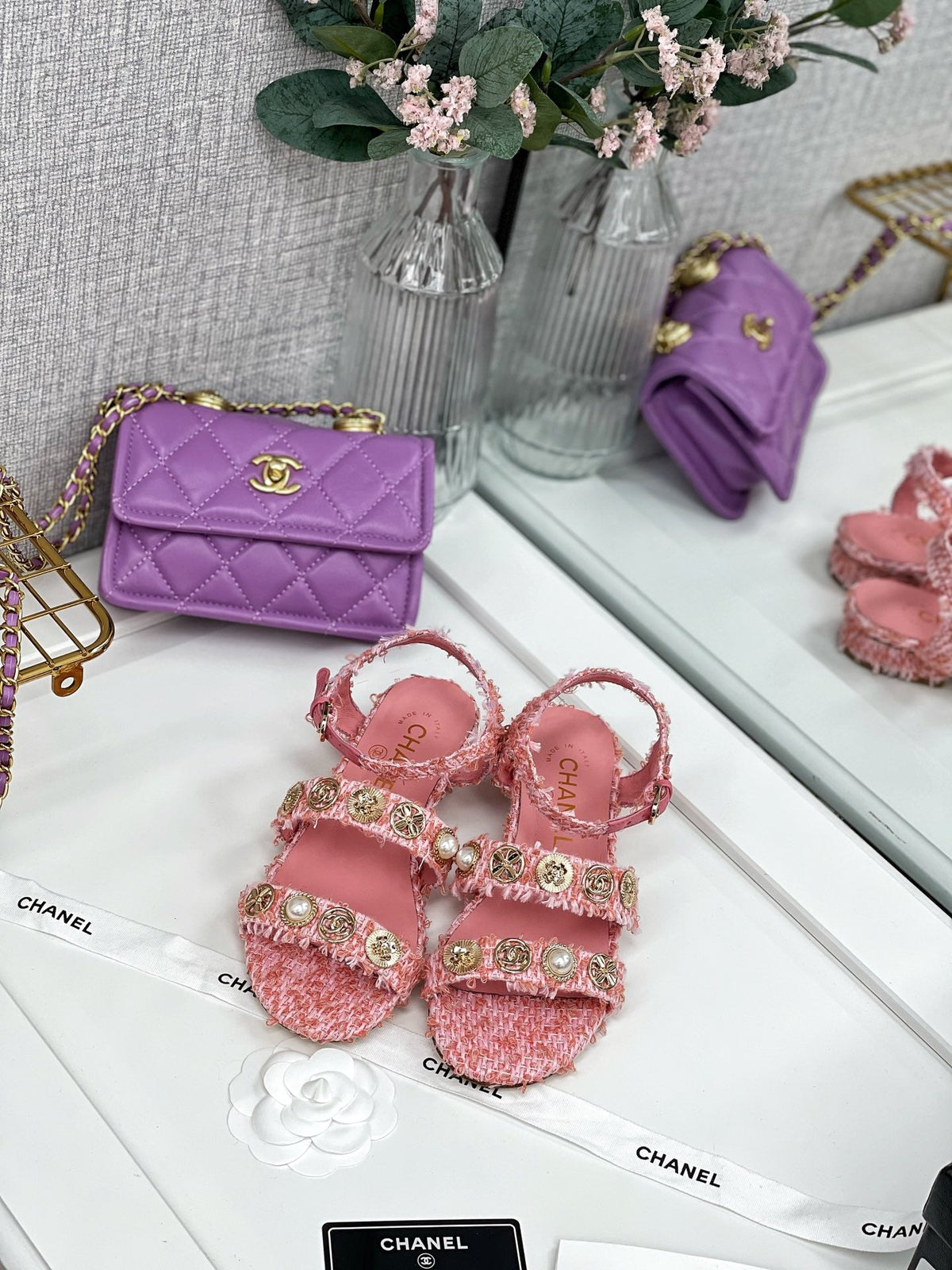 Chanel 2026 Interlocking CC Logo Sandals Tweed 162285