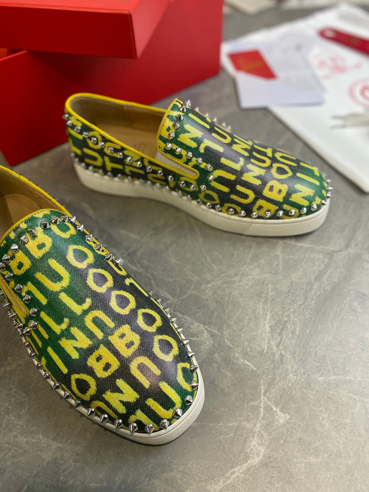 CL Loafers Monogram Yellow Green Leather and Spikes 242380