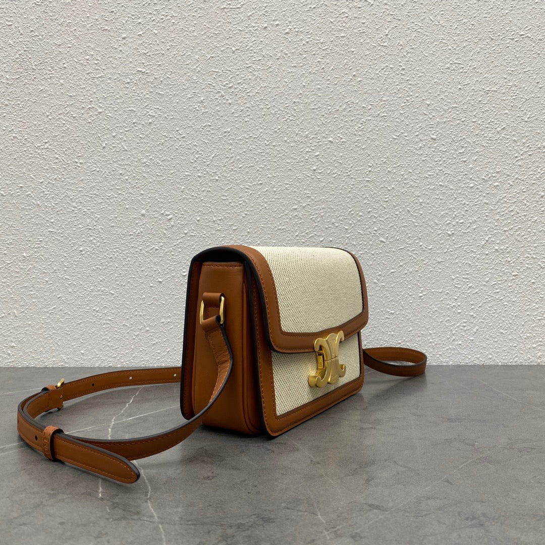 Celine 2026 Classique Triomphe Bag 18cm Tan Beige Textile Calfskin 283616