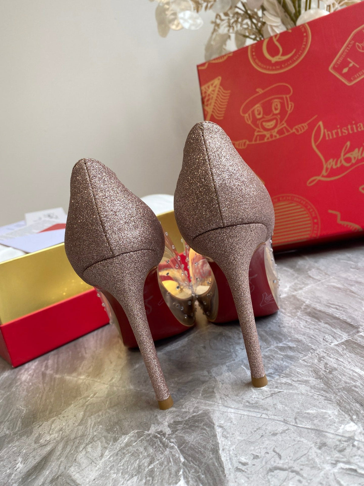 CL Very Strass Peep Toe Pumps 120mm PVC and Glitter Gold
