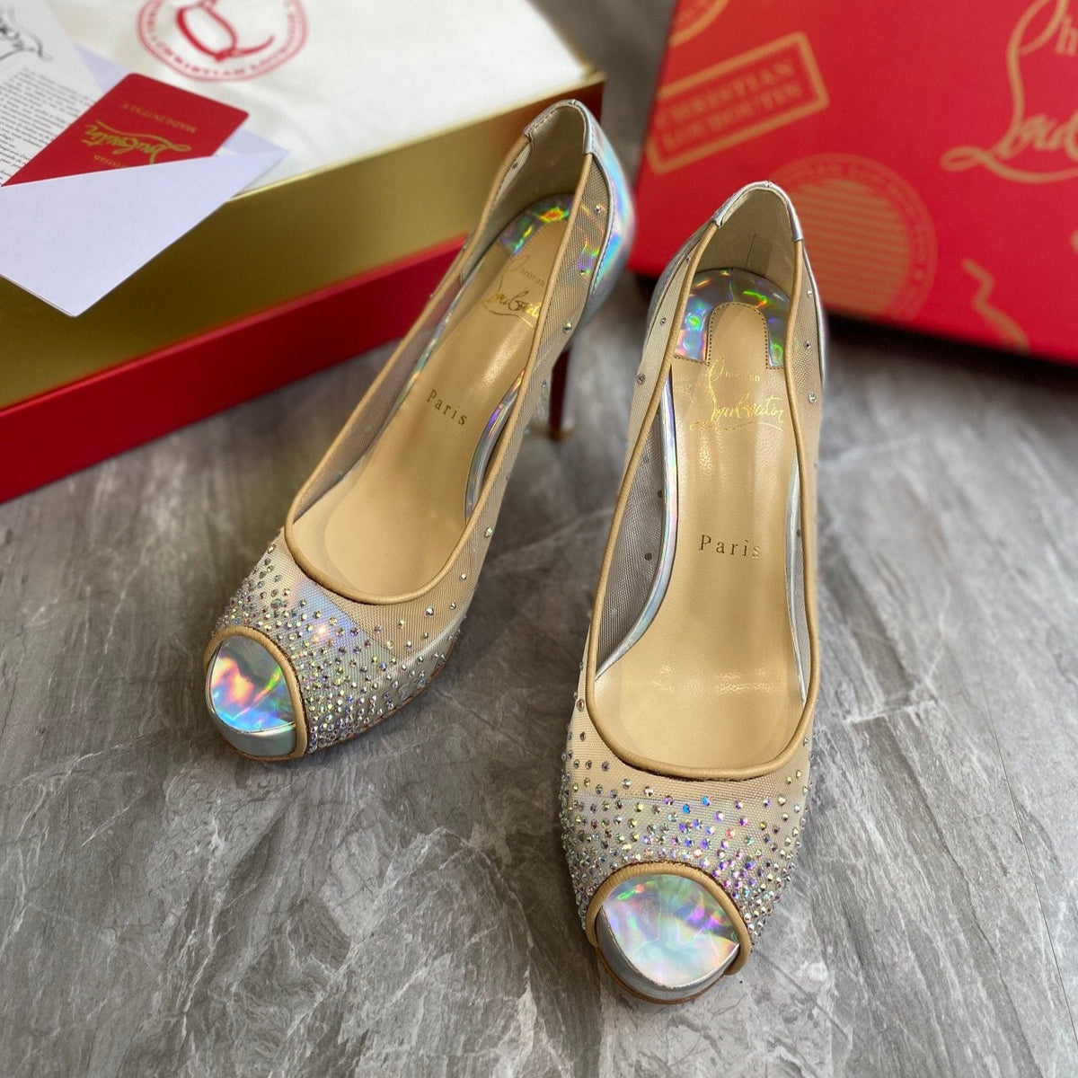 CL Very Strass Peep Toe Pumps 100mm Mesh and Leather Silver