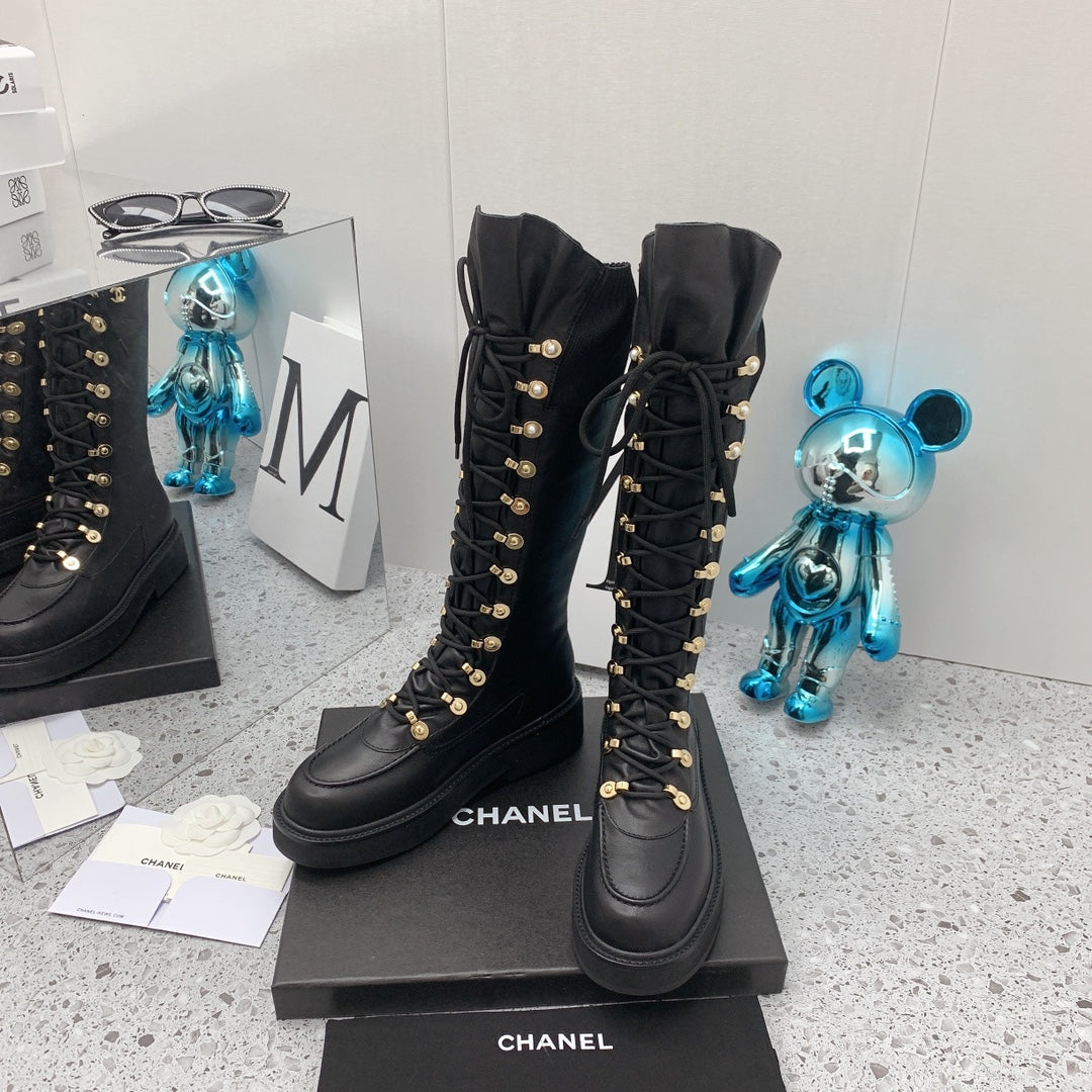 Chanel 2026 Knit Lace Up Combat Boots Black Calfskin 162215