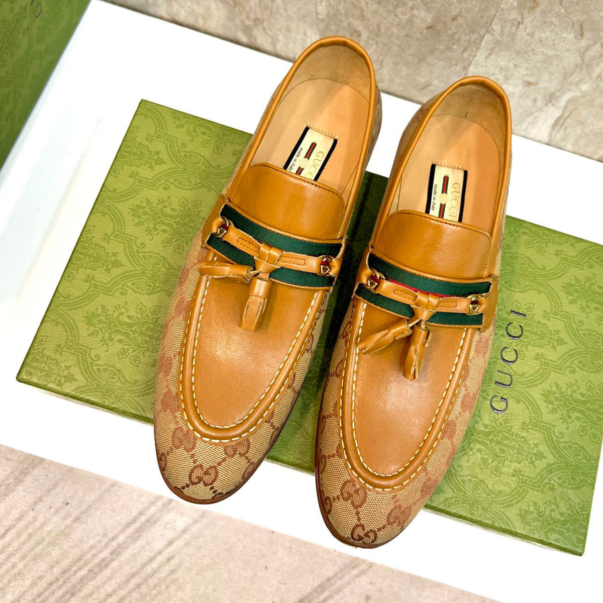 GG Men's Tassel Loafer Light Brown Cowhide Canvas 548743