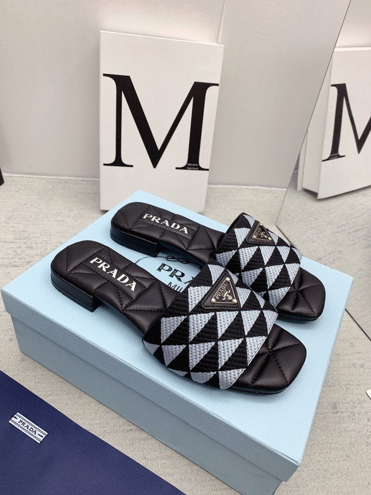 Prada 2026 Slippers Embroidery Fabric Sheepskin 731070
