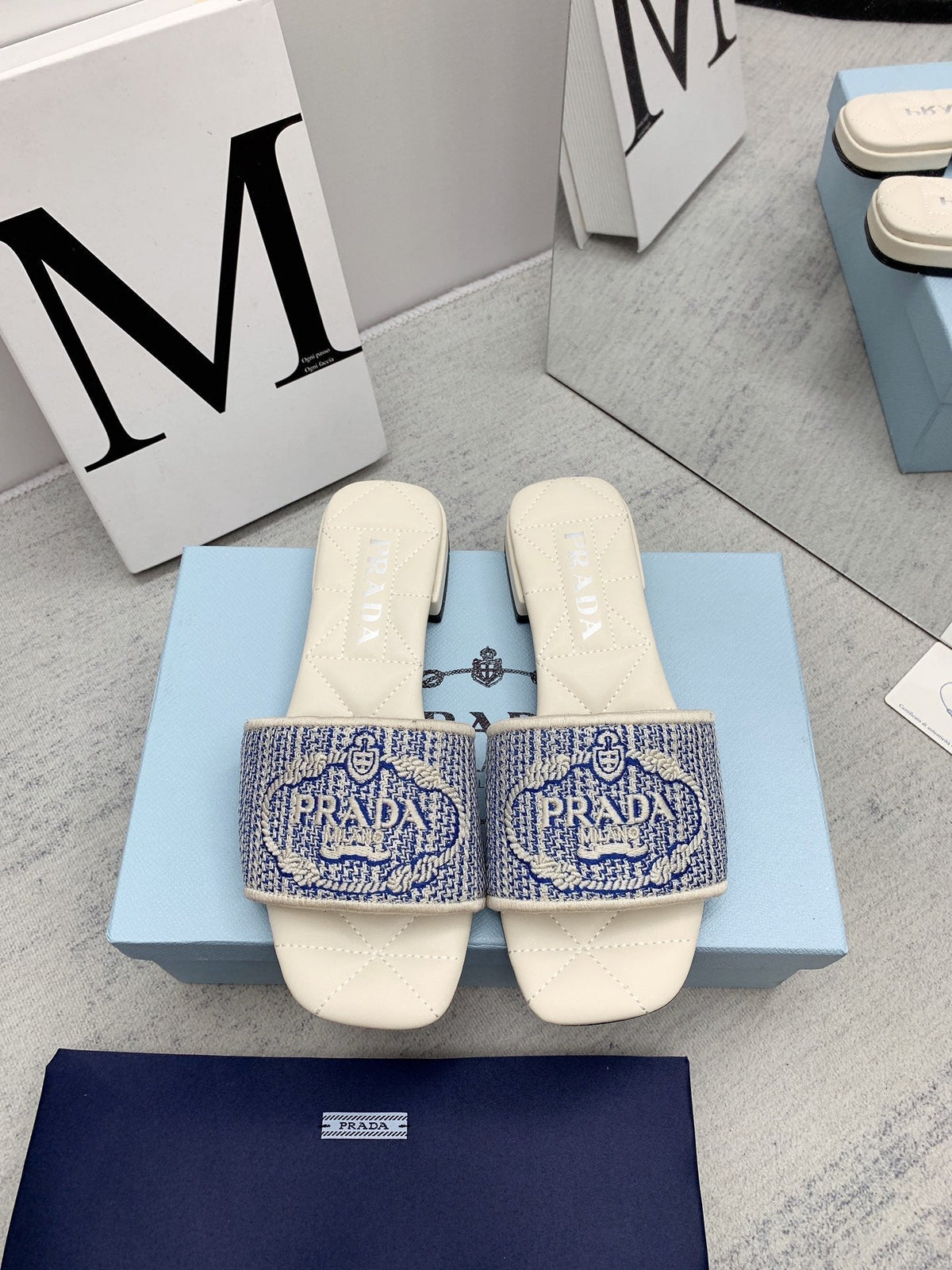 Prada 2026 Slippers Embroidery Canvas Sheepskin 731065