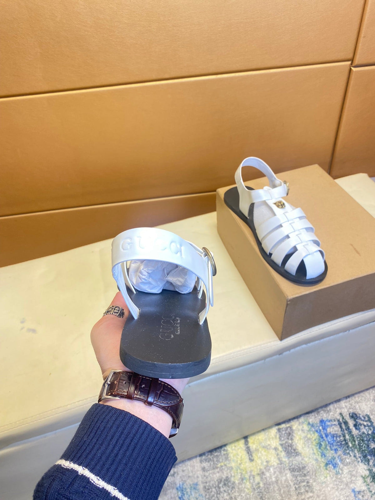 GG Men's Sandals White Cowhide 743277