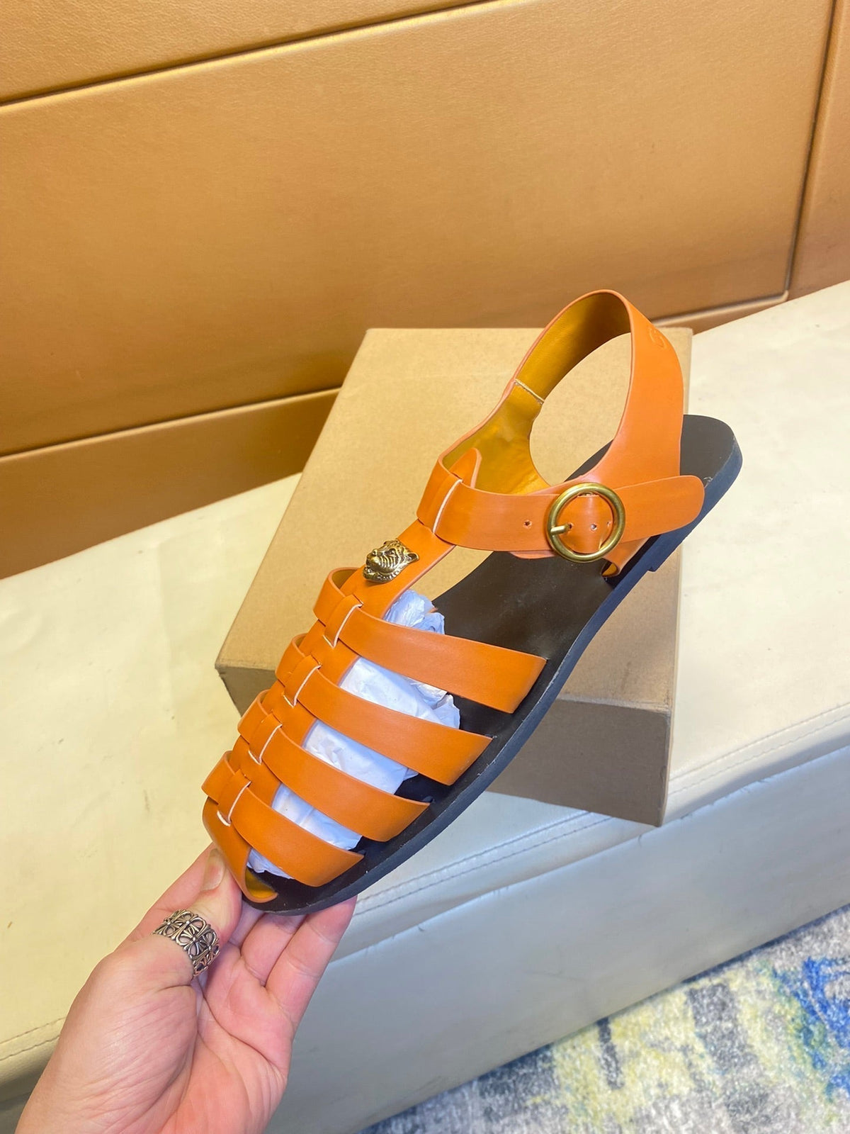GG Men's Sandals Orange  Cowhide 743279