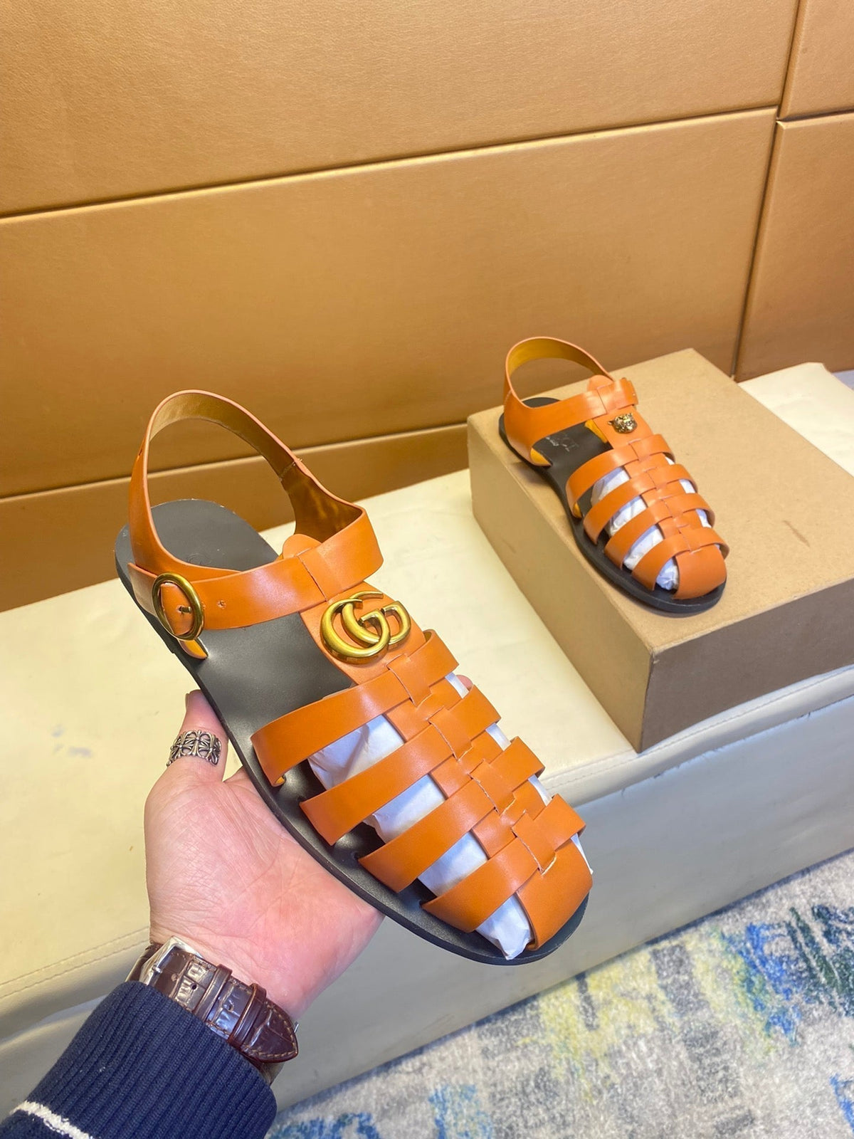 GG Men's Sandals Orange  Cowhide 743279