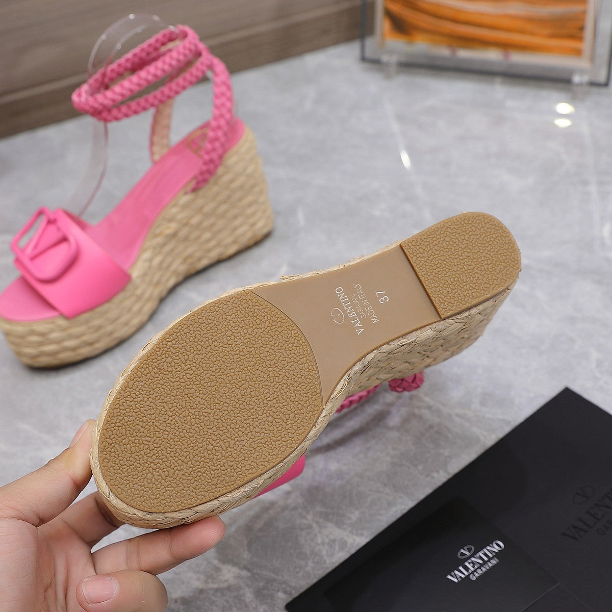 VT Wedge Platform Sandals Pink Cowhide Espadrilles