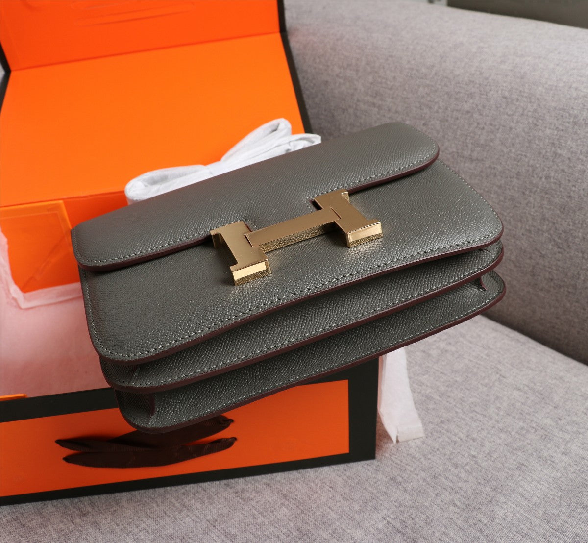 HM CONSTANCE BAGS 18 PEWTER GRAY EPSOM
