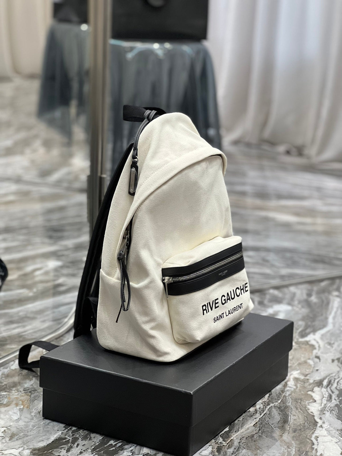 RIVE GAUCHE BACKPACK 35 IN WHITE CANVAS MIX BLACK CALFSKIN