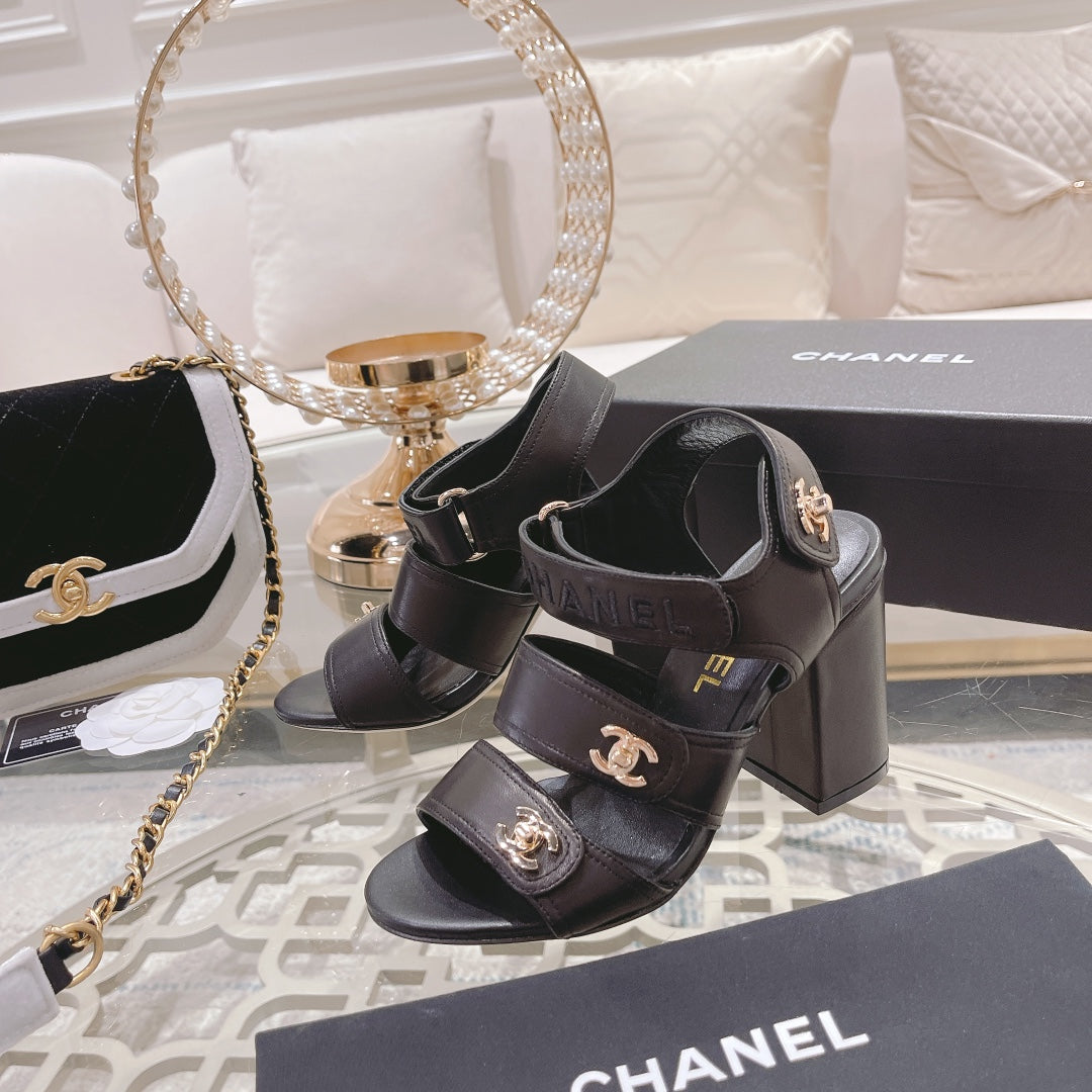 CC 25C Three Strap Sandal High Heel Black Sheepskin 213350