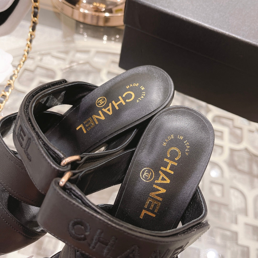 CC 25C Three Strap Sandal Mule High Heel Black Sheepskin 213348