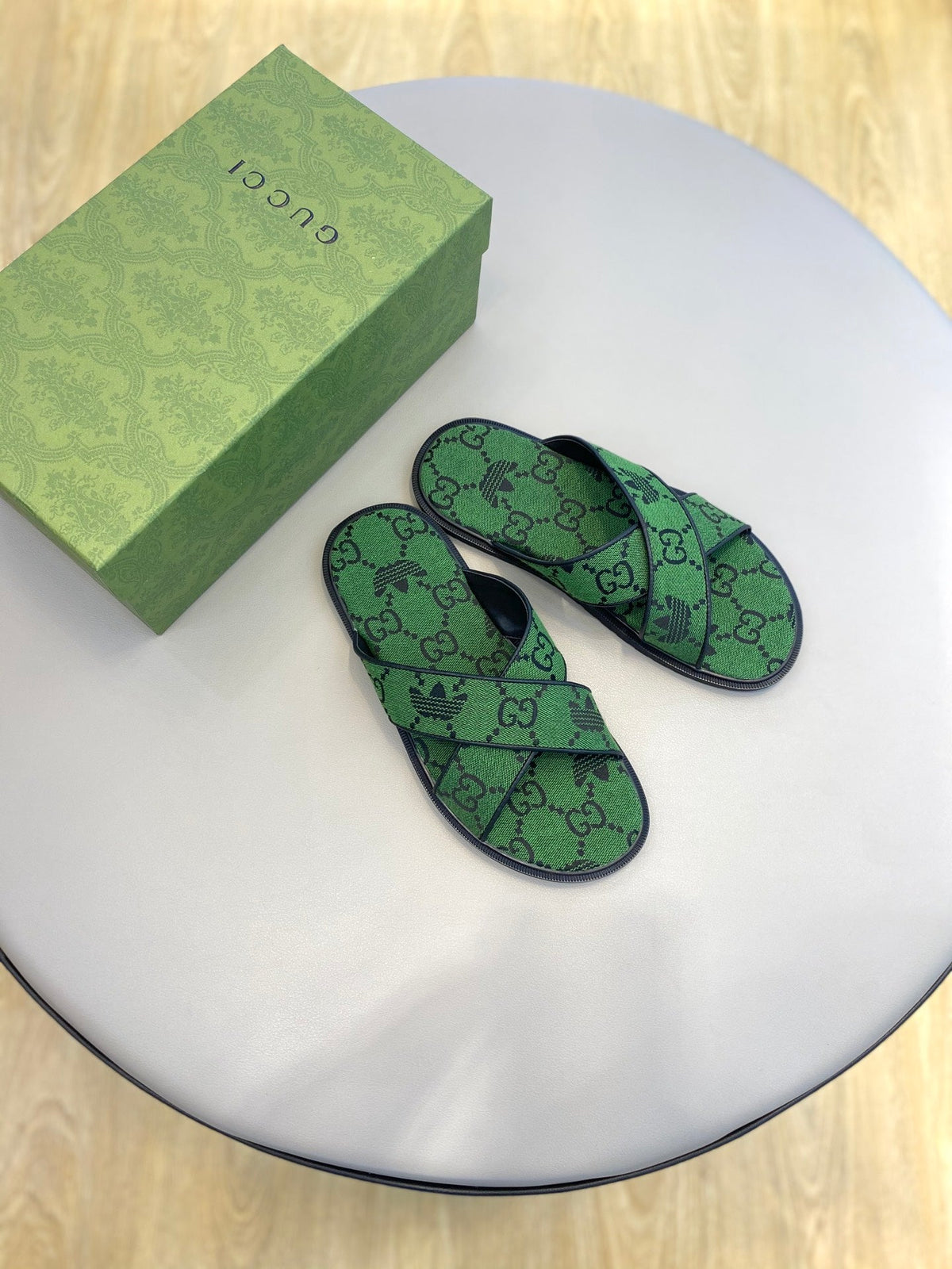 GG x Adidas Men's Sandals Slide Green Canvas 558905