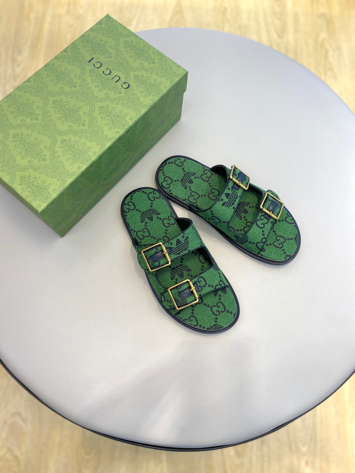 GG x Adidas Men's Sandals Slide Green Canvas 558906