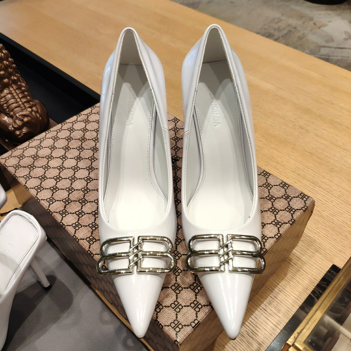Balenciaga 26s High Heel 100 White Patent Leather Sliver Logo 681184
