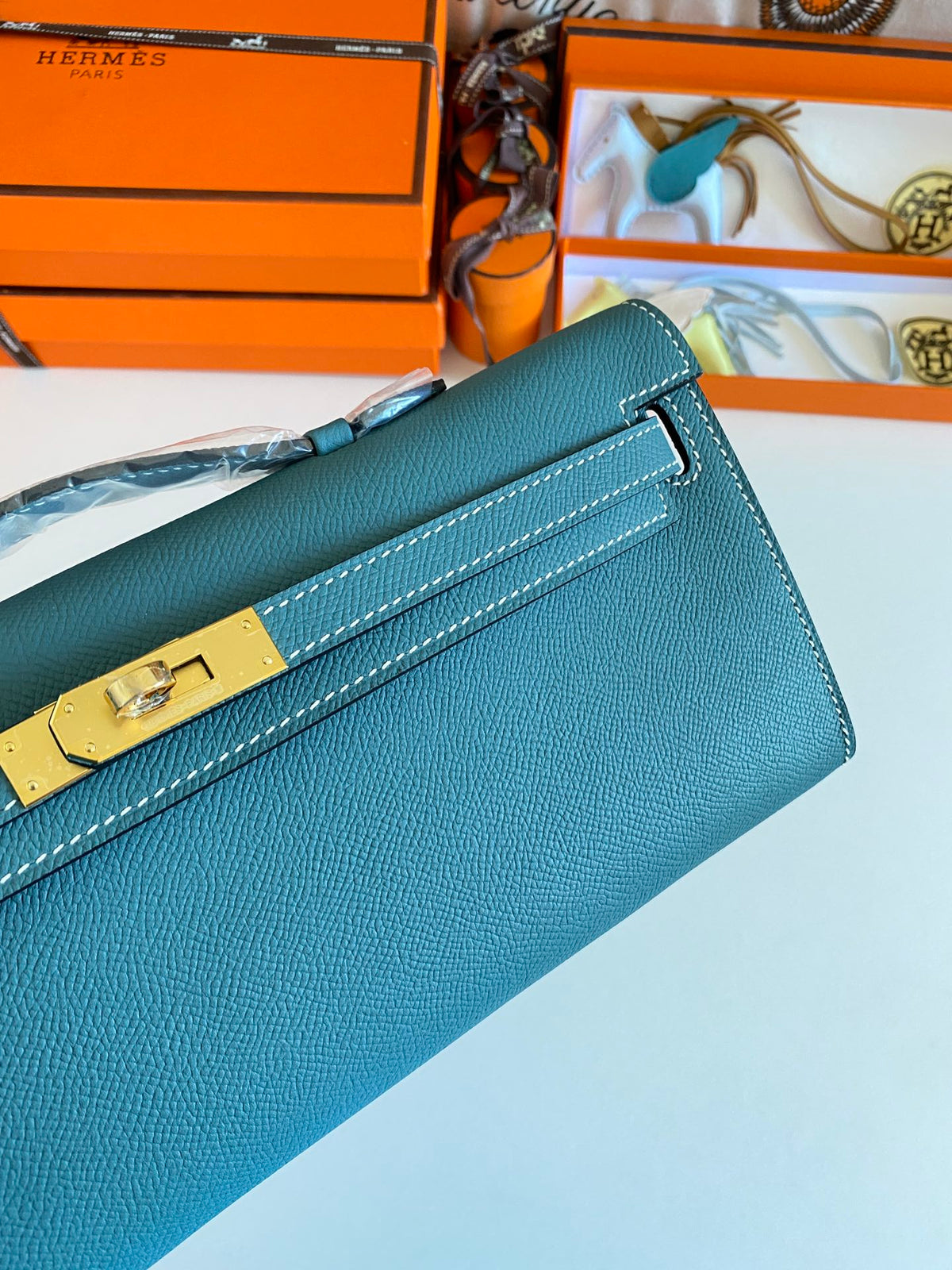 HM Kelly Cut 31 Teal Blue Epsom Leather Gold Hardware 229062