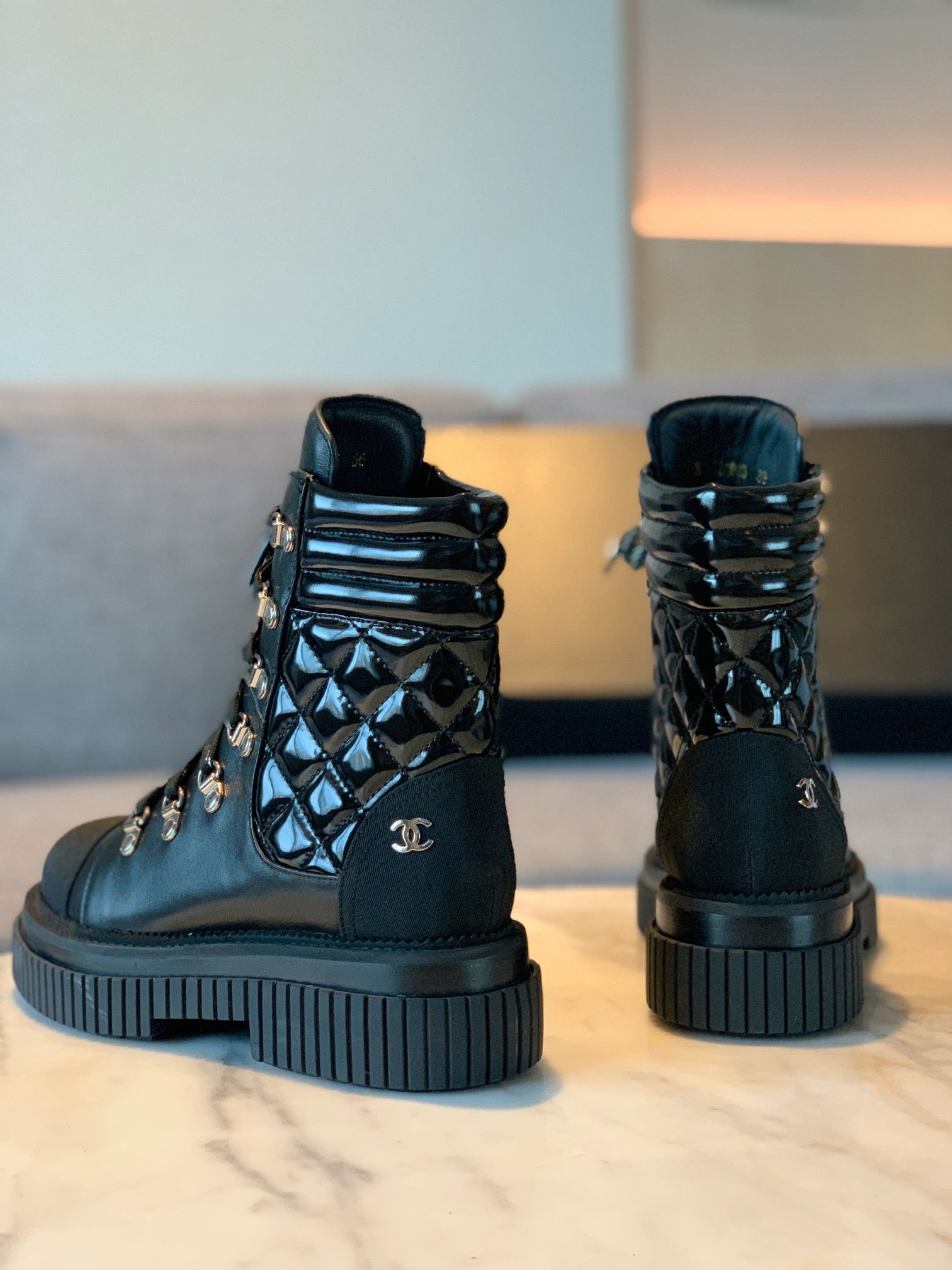 CC Combat Boots 50mm In Black Glossy Calfskin Quilted And Lycra Fabric 940073