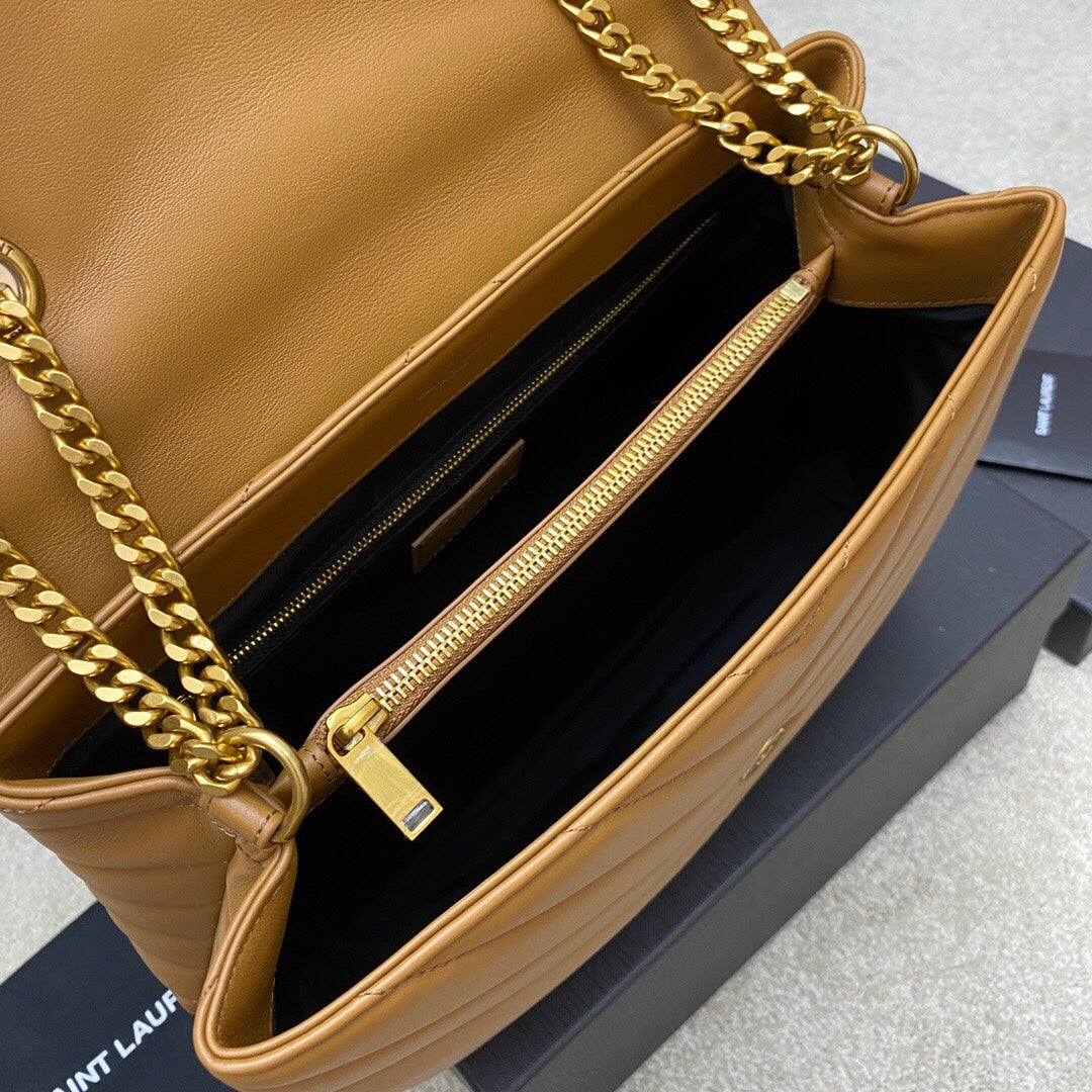 LOULOU MEDIUM 32 BROWN QUILTED LEATHER GOLD HARDWARE