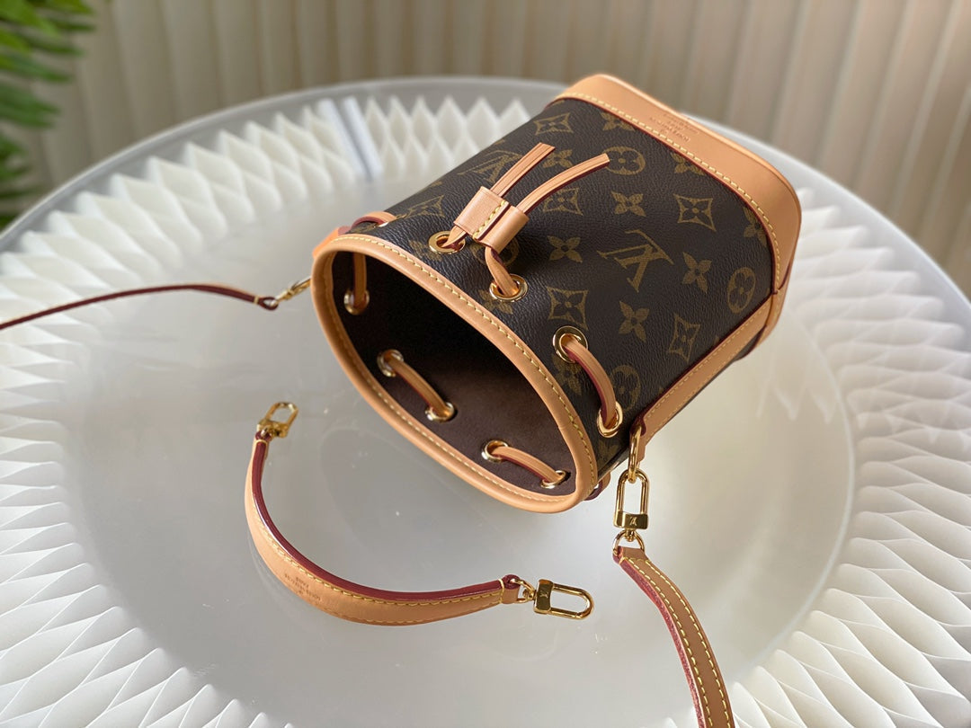 nano noe 13 brown monogram canvas beige calfskin gold hardware