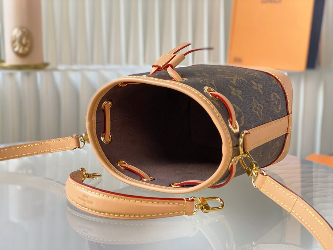 nano noe 13 brown monogram canvas beige calfskin gold hardware