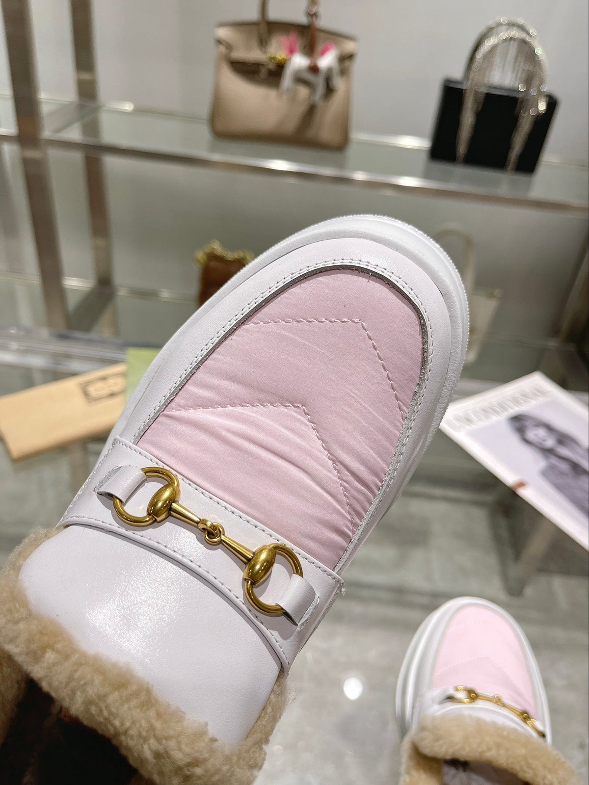GG Snow Boots White Pink Calfskin Wool 576241