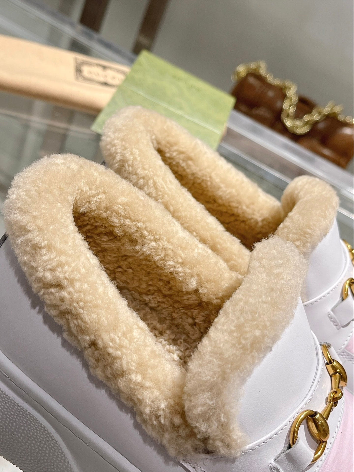 GG Snow Boots White Pink Calfskin Wool 576241