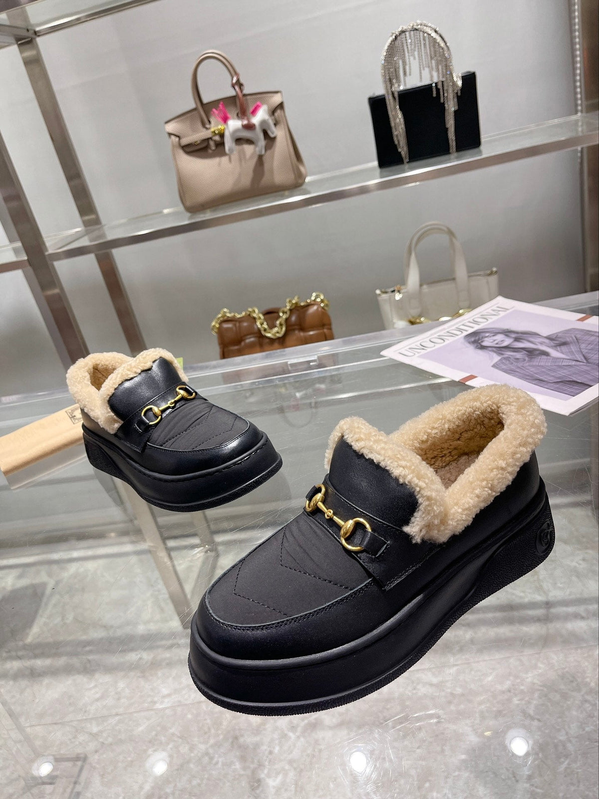 GG Snow Boots Black Calfskin Wool 576242