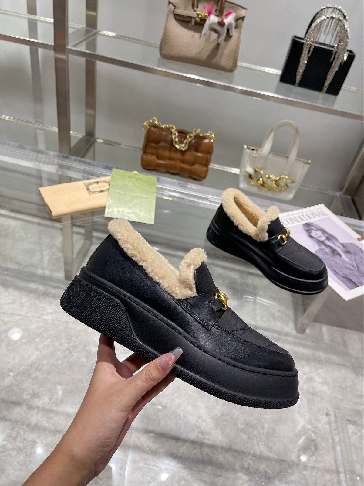 GG Snow Boots Black Calfskin Wool 576242