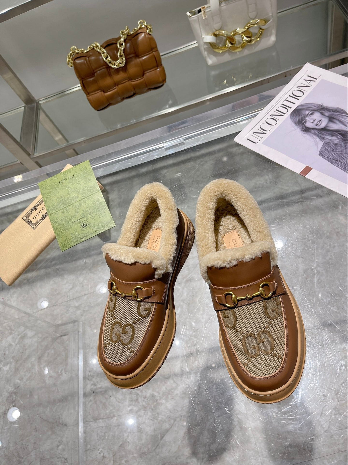 GG Snow Boots Brown Calfskin Denim Wool 576247