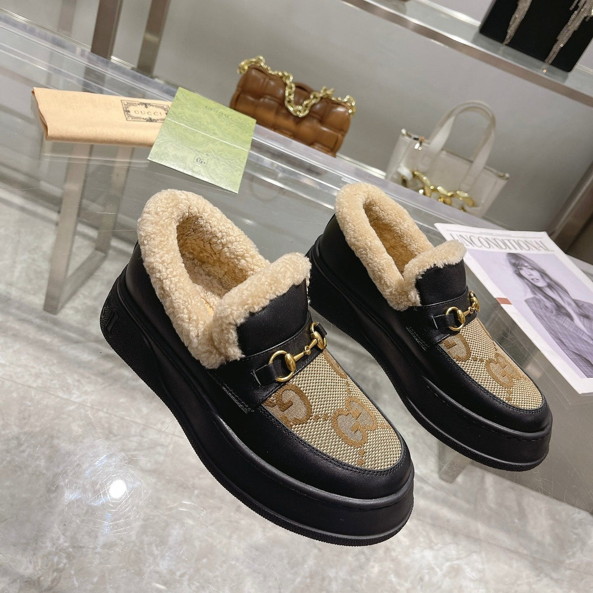 GG Snow Boots Black Calfskin Denim Wool 576248