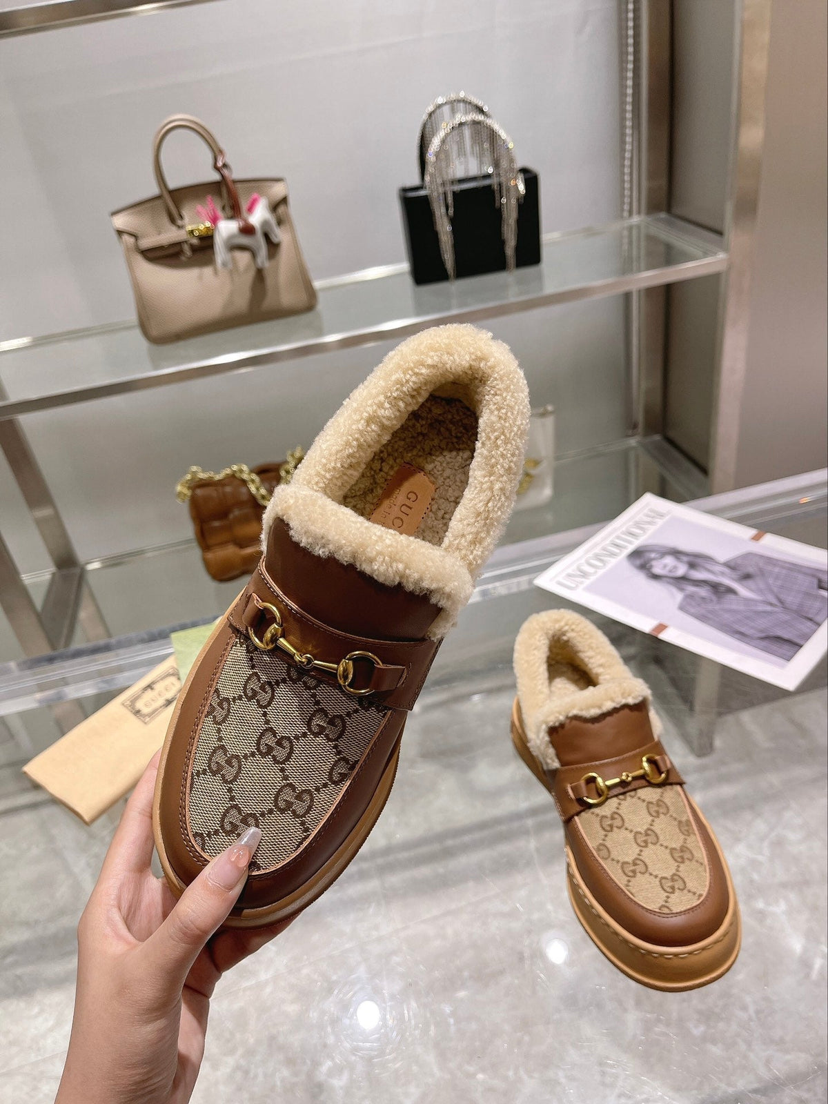 GG Snow Boots Brown Calfskin Denim Wool 576249