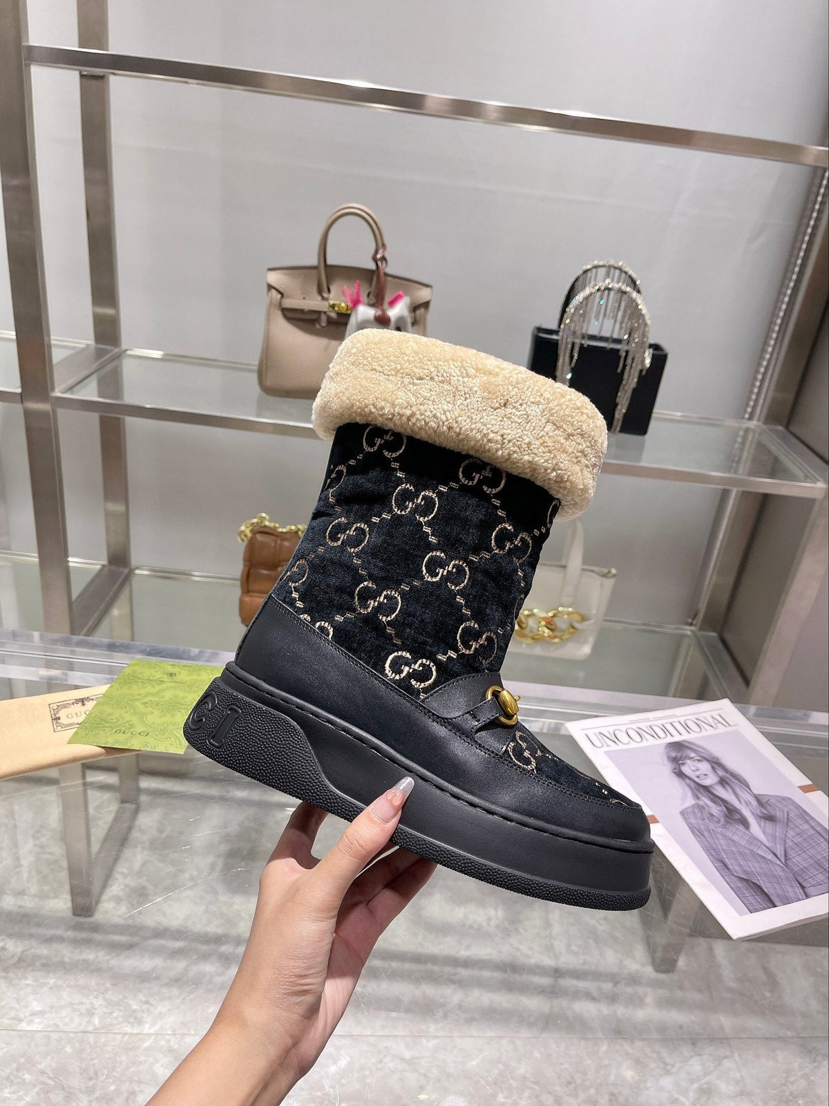 Gucci 2025 Monogram Boot Black Beige Wool Suede Calfskin 564687