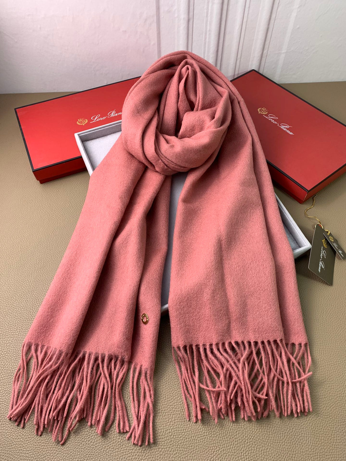 LP Grande Unita Scarf 200 CM In Salmon Pink Wool Cashmere 378393