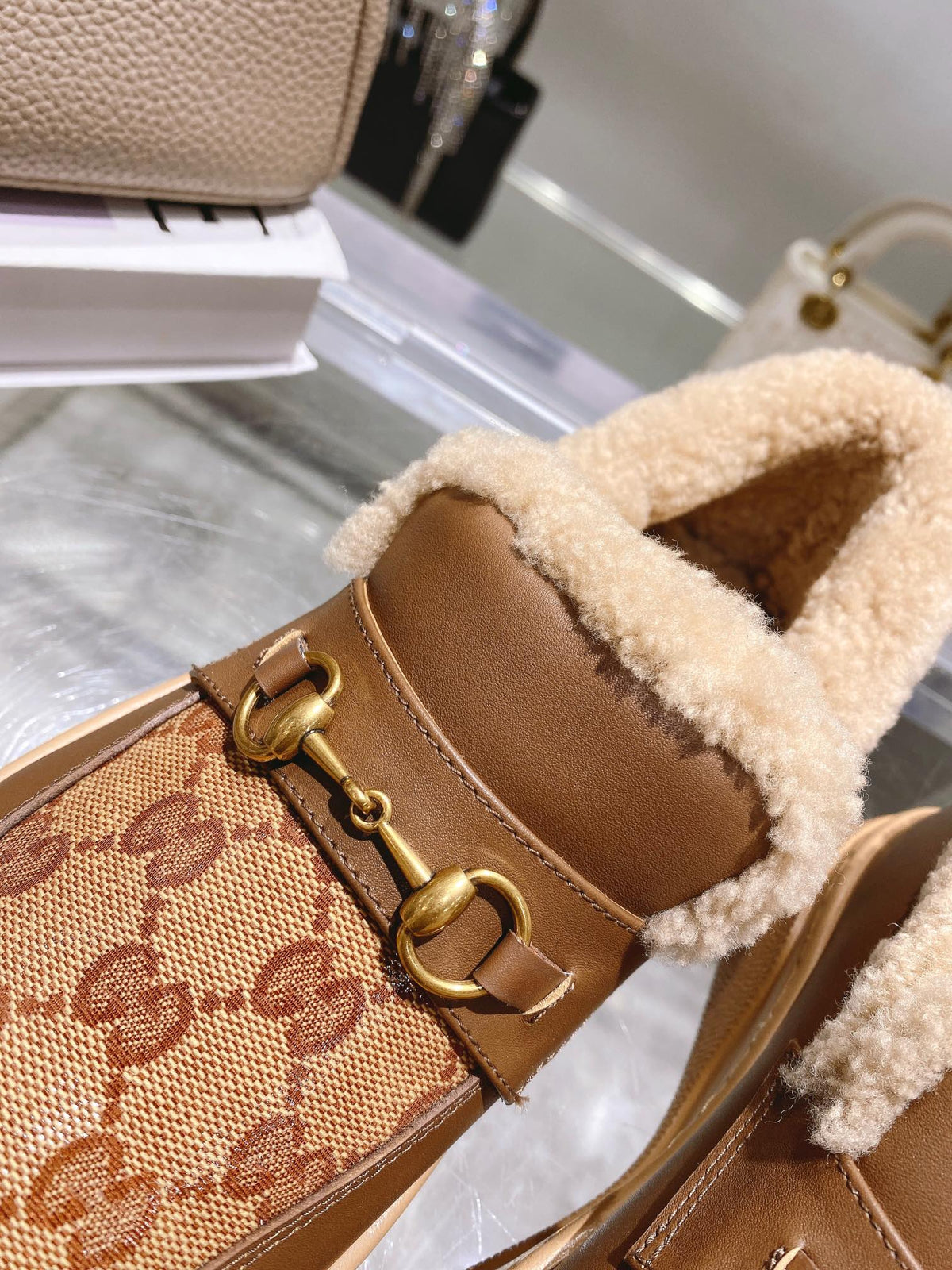 GG Snow Boots Brown  Patent Calfskin Wool 576237