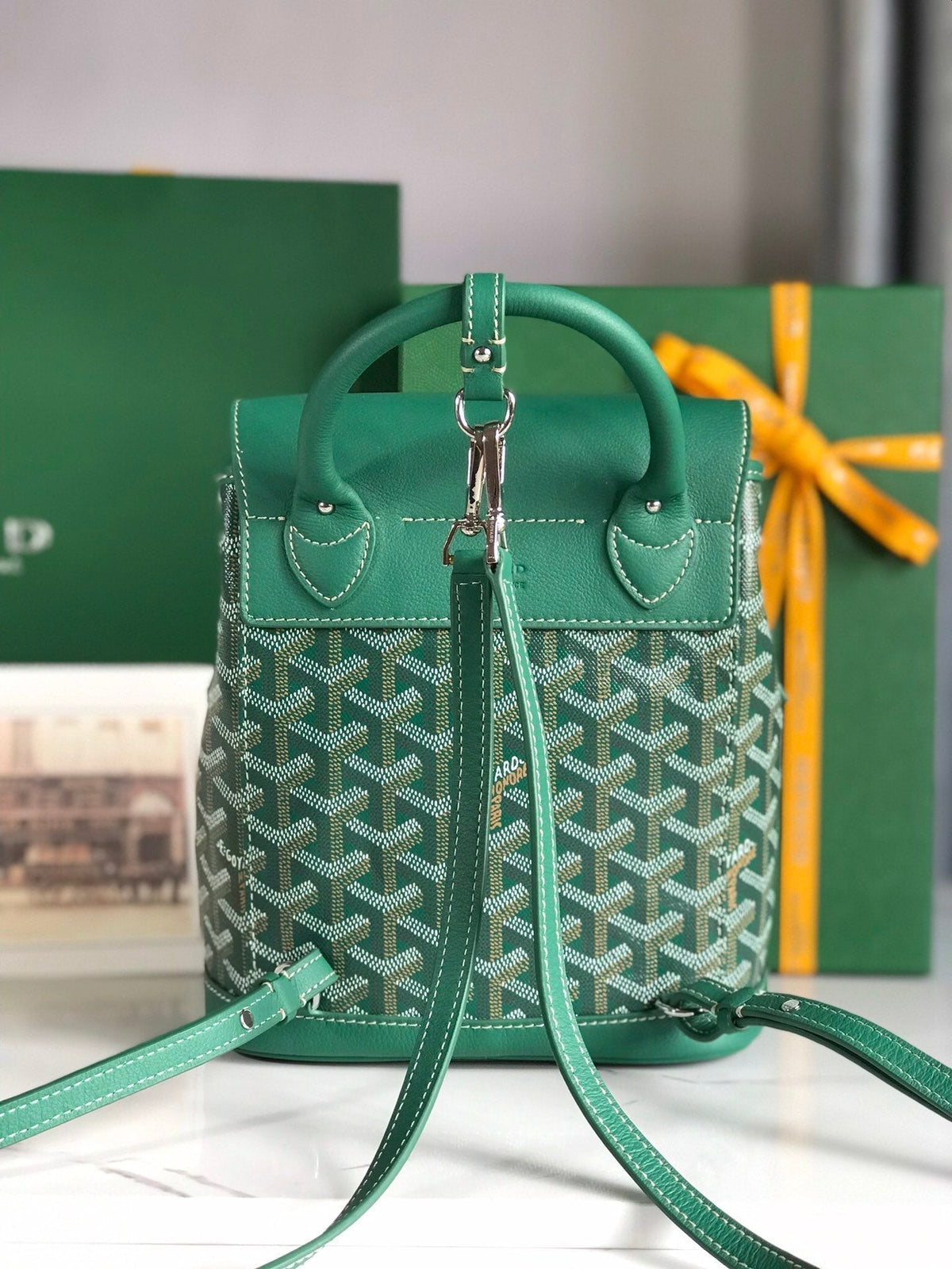 ALPIN MINI BACKPACK 21 IN GREEN LAMBSKIN AND GOYARDINE CANVAS