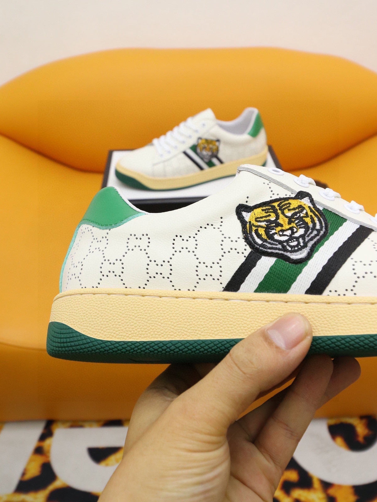 GG Men's Sneaker White Green Cowhide 522946