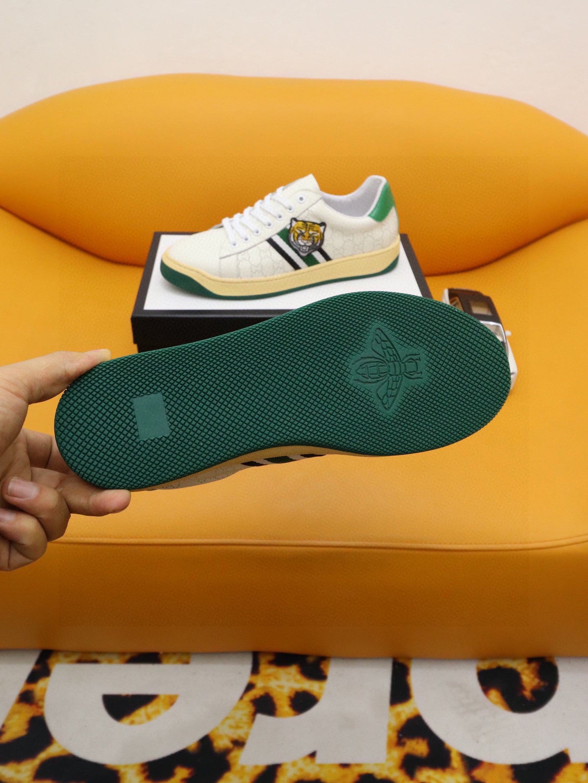 GG Men's Sneaker White Green Cowhide 522946