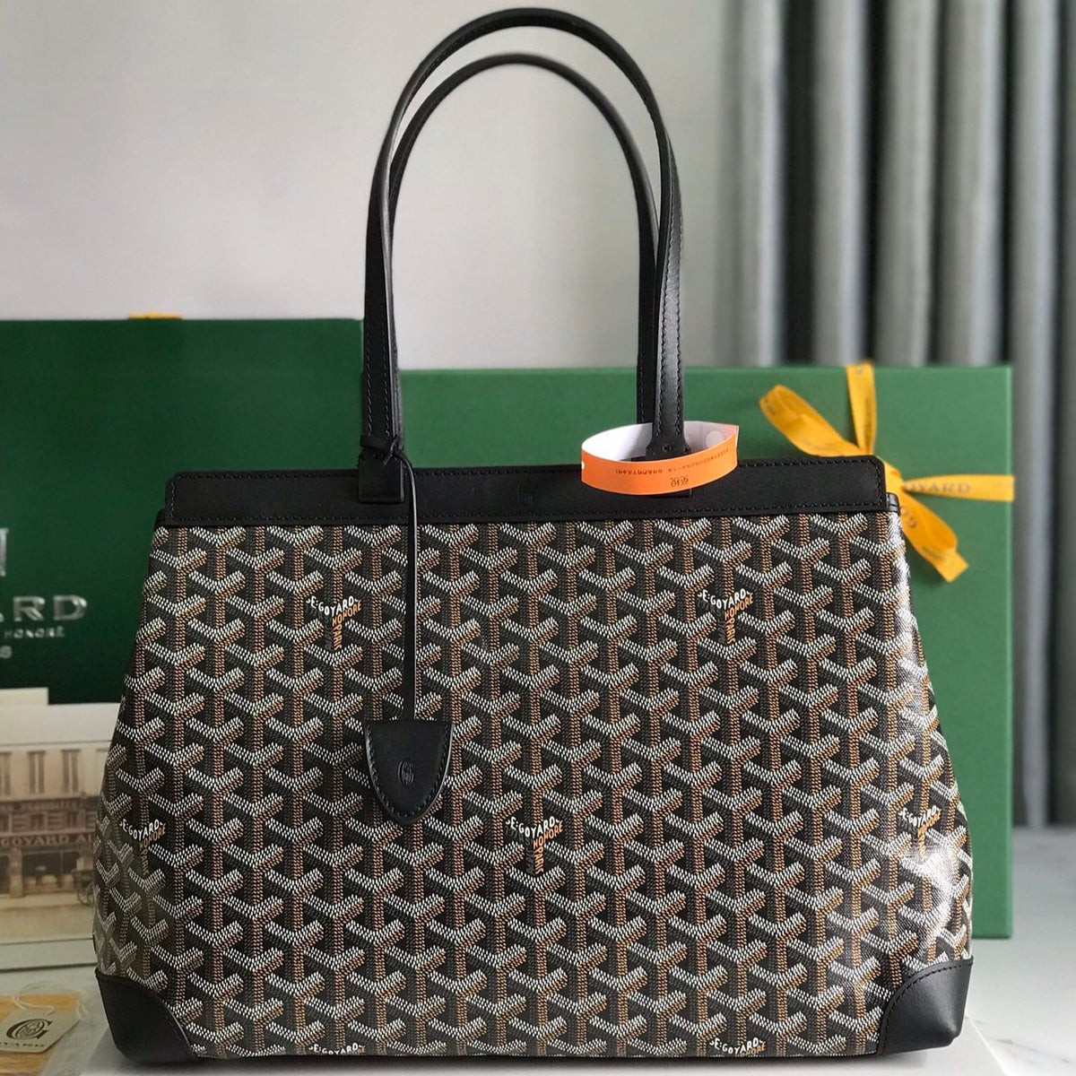 BELLECHASSE BIAUDE PM BAG 36 IN BLACK GOYARDINE CANVAS AND CALFSKIN TRIM
