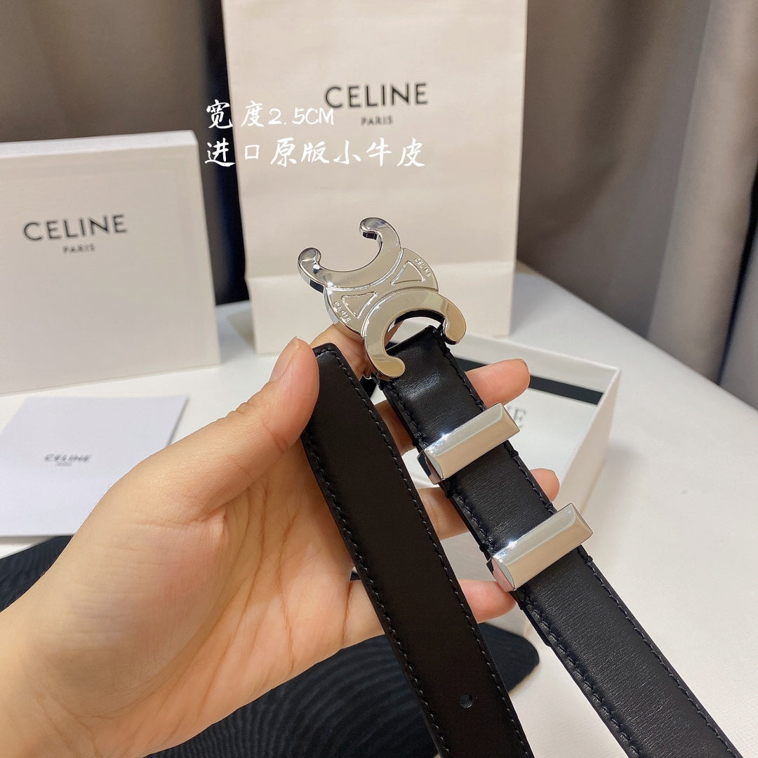 CL MEDIUM 25MM TRIOMPHE BELT IN BLACK CALFSKIN SILVER HARDWARE