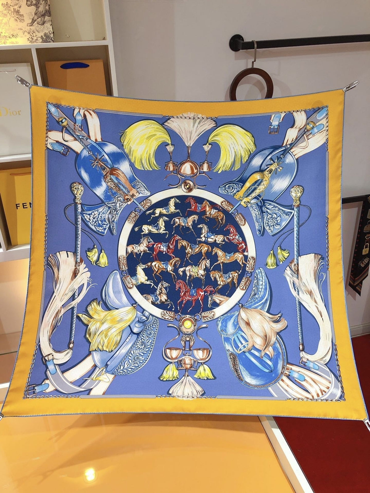 Cavalcades Scarf 90 CM In Blue Yellow Colorful Silk Twill 288859