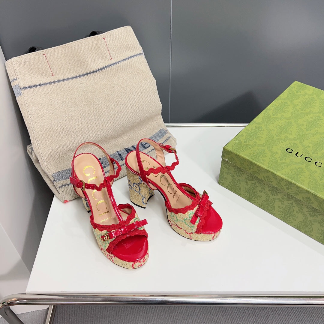 GG Platform Black Heel 105 Sandal Red Calfskin Beige Raffia