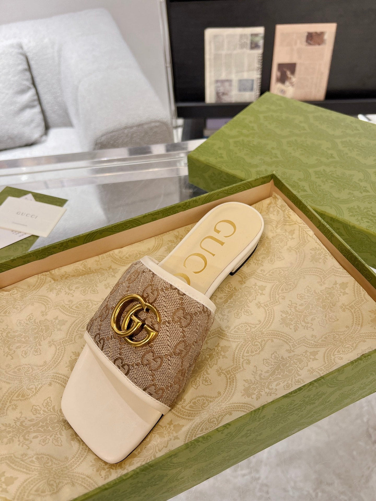 GG EXCLUSIVE SLIDE SANDAL IVORY AND BROWN FABRIC