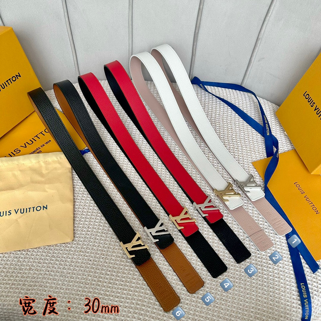 LV 30 MM BELTS IN BLACK AND CHERRY RED CALFSKIN